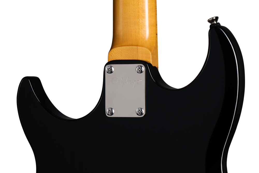 Epiphone Grabber bass guitar in ebony finish with a premium gig bag, showing the electric bass guitar with control knobs and strings.