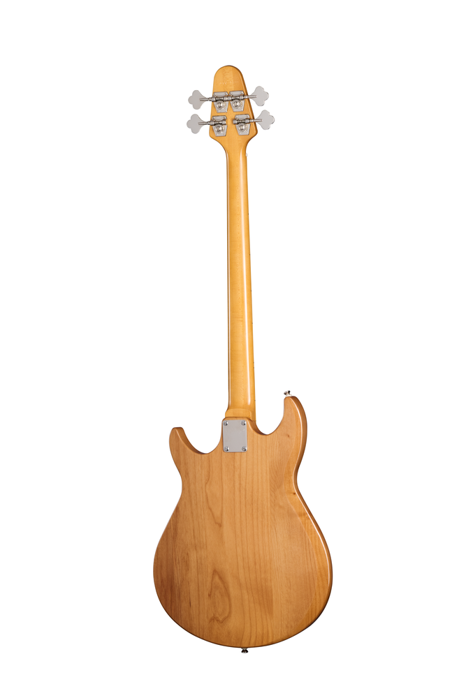 Epiphone Grabber bass guitar in natural finish with premium gig bag, showcasing the instrument's body and neck details.