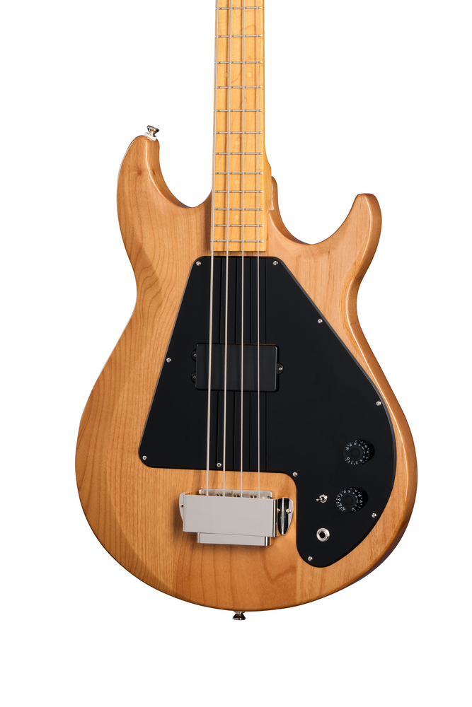 Natural finish Epiphone Grabber Bass guitar with chrome hardware and maple neck, resting on its premium gig bag.