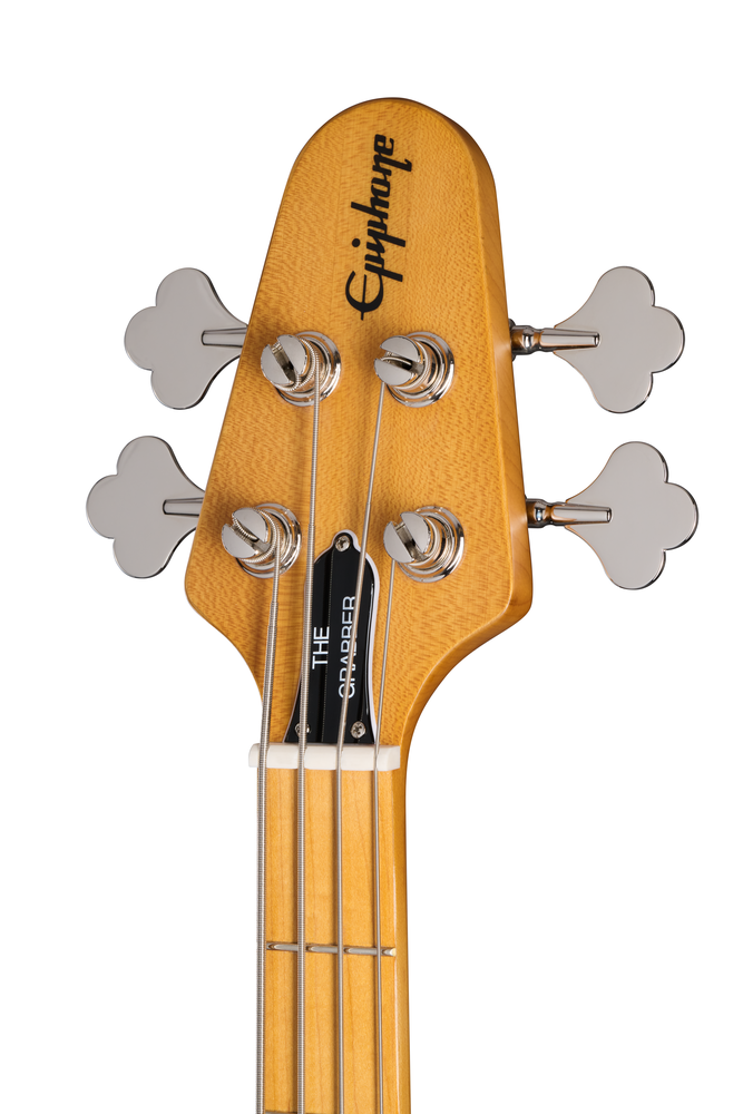 Epiphone Grabber Bass guitar in natural finish with a premium gig bag, showing the bass body, neck, and strings.