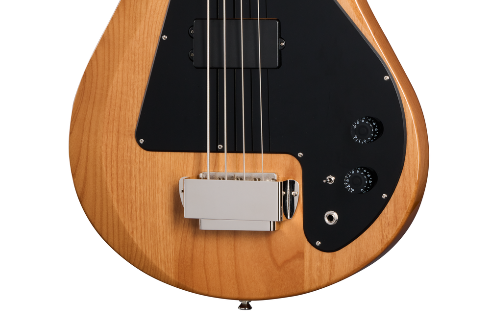 Epiphone Grabber Bass guitar in natural finish with a premium gig bag, showcasing its classic design and wooden body.