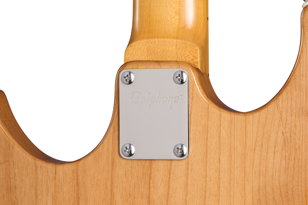 Epiphone Grabber Bass guitar in natural finish with premium gig bag, showcasing the electric bass with wood grain and hardware details.