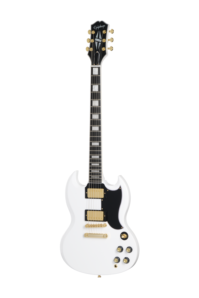 Electric guitar Epiphone SG Custom in Alpine White with gold hardware, shown with its premium gig bag.