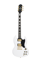 Electric guitar Epiphone SG Custom in Alpine White with gold hardware, shown with its premium gig bag.