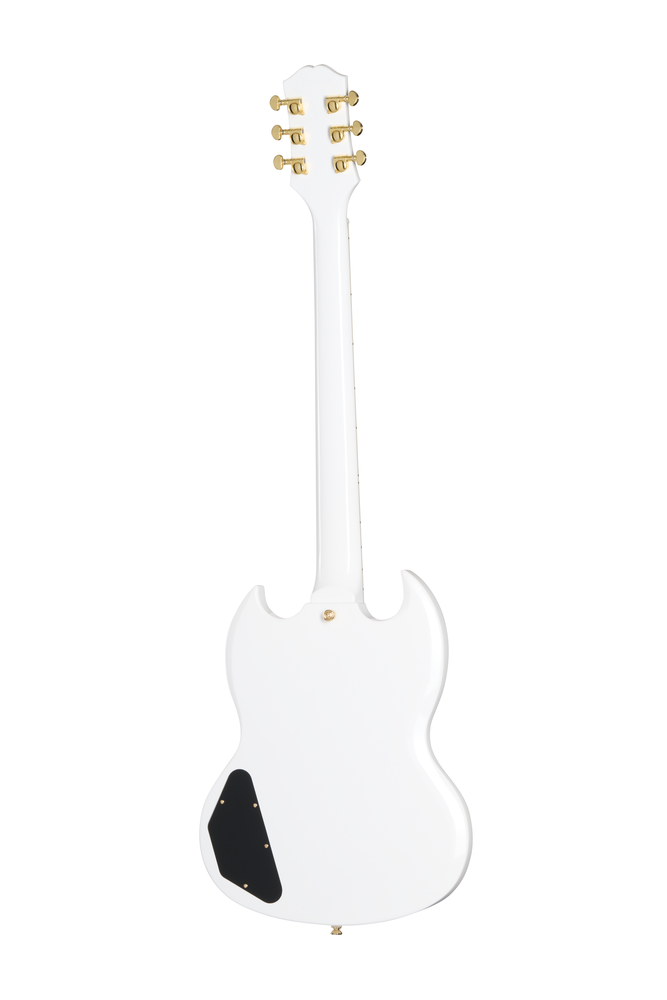 Electric guitar Epiphone SG Custom in Alpine White with premium guitar bag, showcasing its sleek body and classic design.