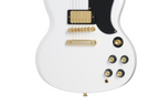 Epiphone SG Custom electric guitar in Alpine White with premium gig bag, featuring double-cutaway body and classic design.