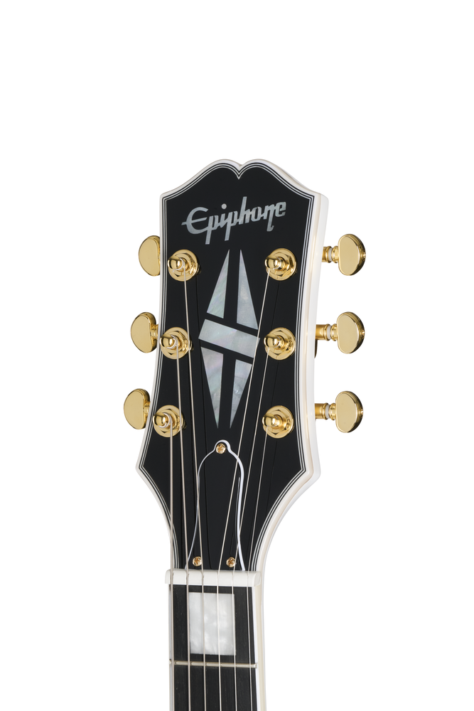 Electric guitar Epiphone SG Custom in Alpine White with a premium gig bag, featuring double-cutaway body and chrome hardware.