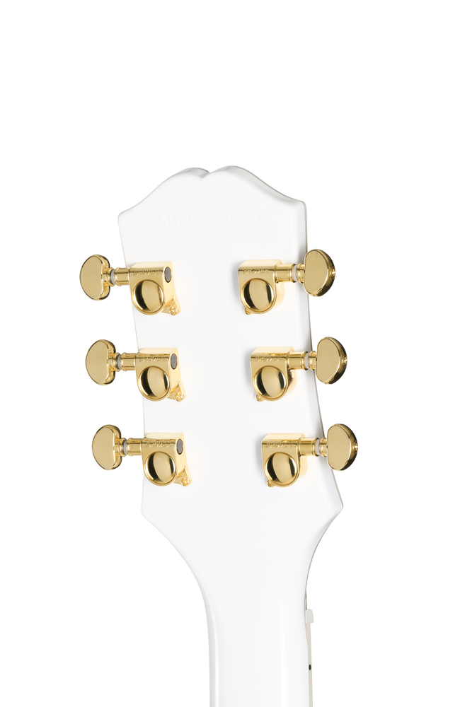 Electric guitar Epiphone SG Custom in Alpine White with a premium gig bag, showcasing its classic design and hardware details.