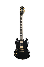 Left-handed Epiphone SG Custom Ebony electric guitar with chrome hardware and sleek body, shown with included premium gig bag.