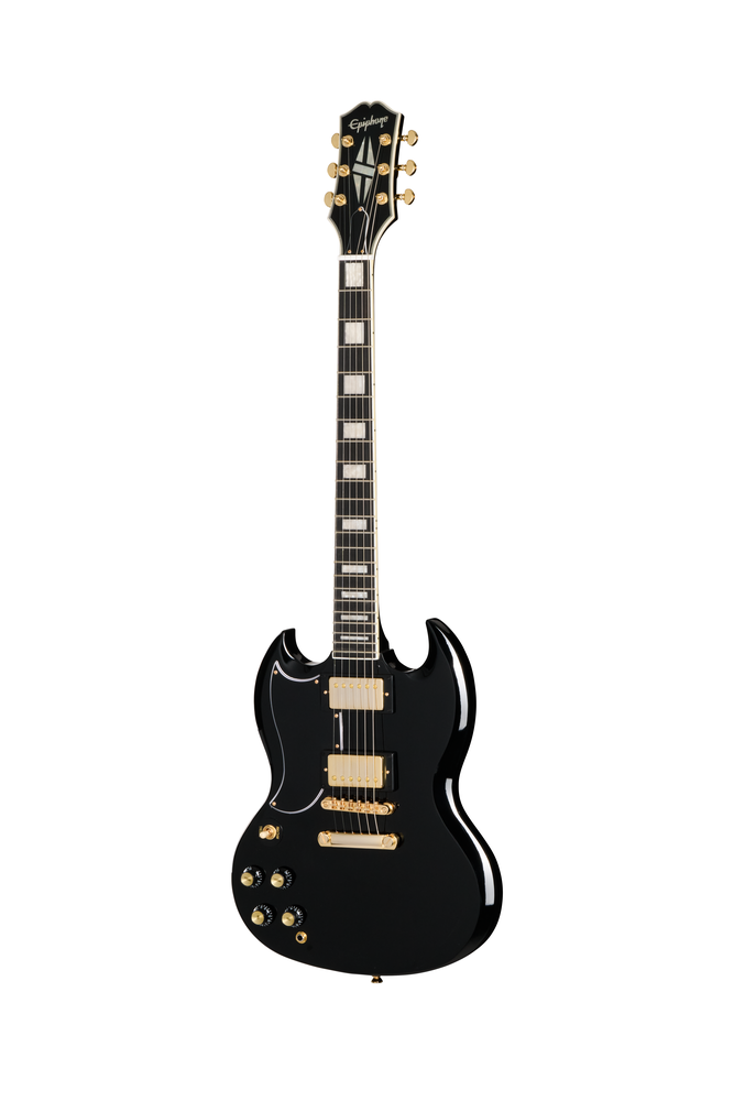 Left-handed Epiphone SG Custom Ebony electric guitar with chrome hardware and sleek body, shown with included premium gig bag.