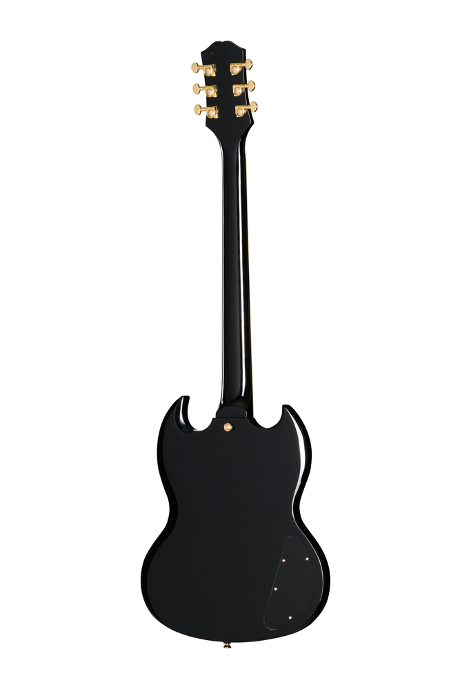 Left-handed Epiphone SG Custom Ebony electric guitar with premium gig bag, showcasing its sleek black finish and distinctive double-cutaway body.