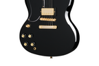 Left-handed Epiphone SG Custom Ebony electric guitar with gold hardware and humbucker pickups, shown with a premium guitar bag.