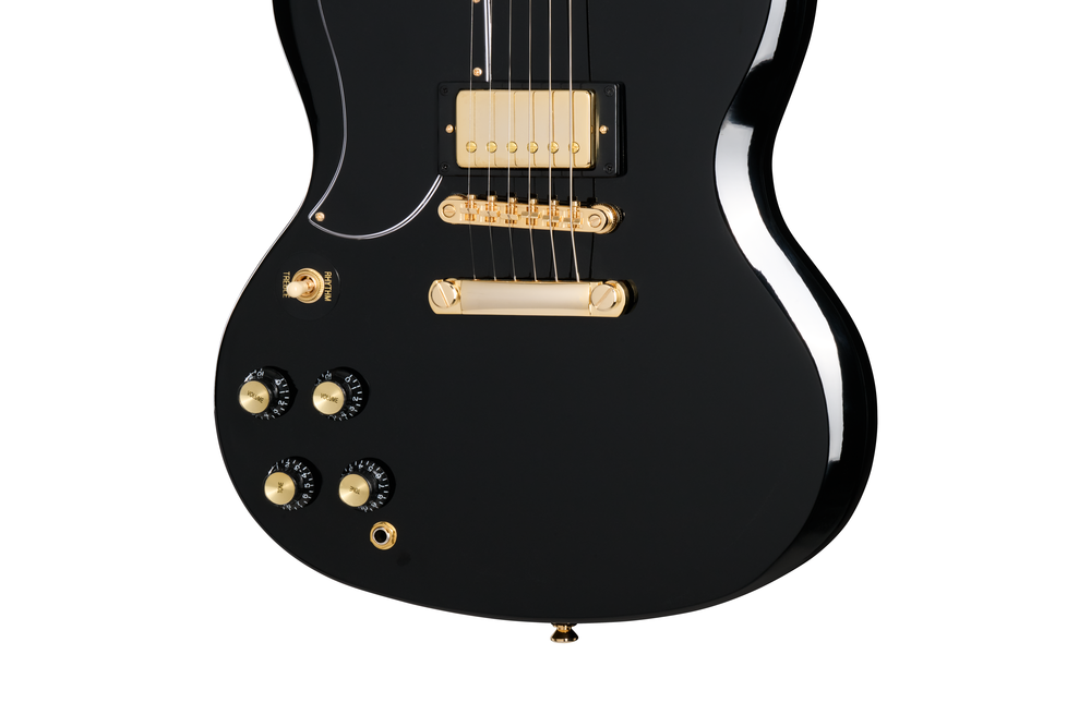 Left-handed Epiphone SG Custom Ebony electric guitar with gold hardware and humbucker pickups, shown with a premium guitar bag.