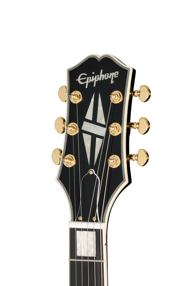 Left-handed Epiphone SG Custom Ebony electric guitar with sleek finish, featuring dual humbucker pickups and included premium gig bag.