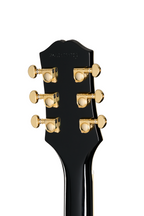 Left-handed Epiphone SG Custom Ebony electric guitar with gold hardware and humbucker pickups, shown with included premium gig bag.