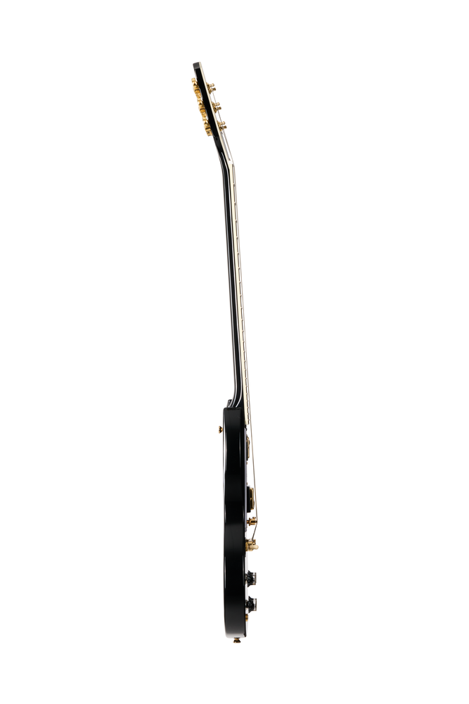 Left-handed Epiphone SG Custom Ebony electric guitar with sleek body and chrome hardware, shown resting on a stand.