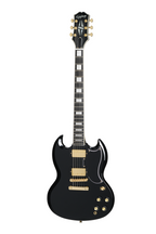 Electric guitar Epiphone SG Custom Ebony with premium gig bag, featuring a solid body and distinctive double-cut design.