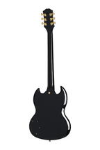 Electric guitar by EPIPHONE, SG Custom Ebony model with sleek black finish and premium gig bag visible in the image.