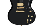 Electric guitar EPIPHONE SG Custom Ebony with sleek black finish and premium guitar bag, showcasing its classic double-cutaway design.