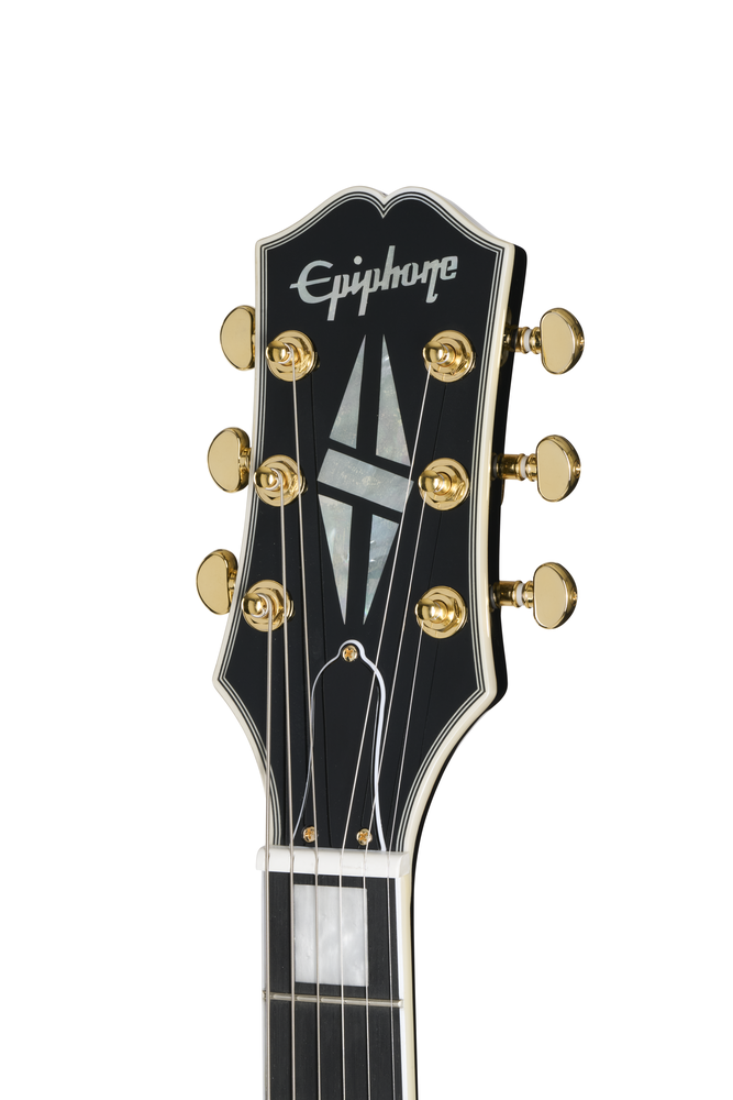 Electric guitar Epiphone SG Custom Ebony with gold hardware and humbucker pickups, shown with a premium guitar bag.