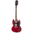 Epiphone SG Standard electric guitar in cherry finish with dual humbucker pickups and sleek body shape.
