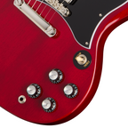 Epiphone SG Standard electric guitar in cherry finish, showcasing the classic body shape, chrome hardware, and dual humbucker pickups.