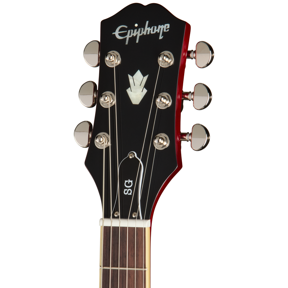 Epiphone SG Standard electric guitar in cherry finish, featuring double-cut body, chrome hardware, and humbucker pickups.