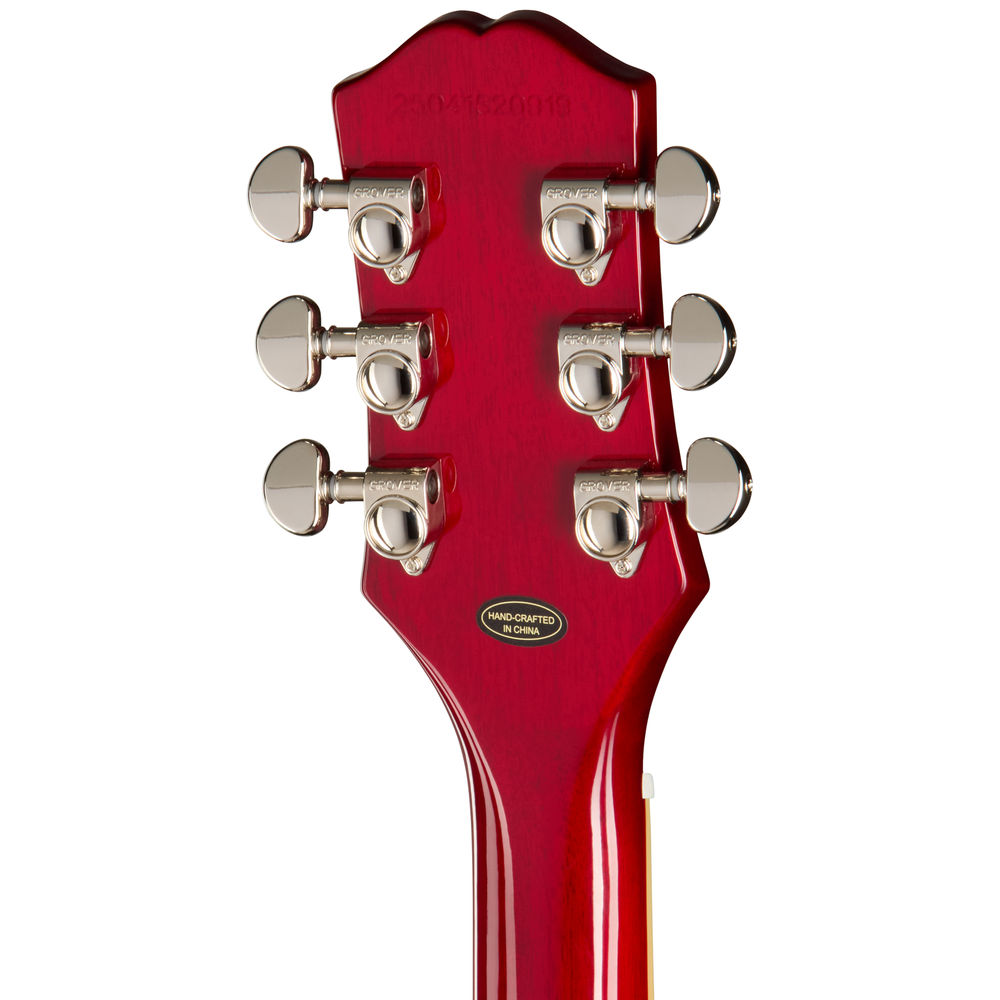 Epiphone SG Standard electric guitar in cherry finish with double-cutaway body and chrome hardware, showcasing its iconic design.