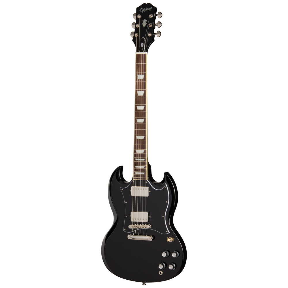 Epiphone SG Standard electric guitar in ebony finish with double-cutaway body and chrome hardware, showcasing its sleek design.