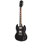 Epiphone SG Standard electric guitar in ebony finish with double-cutaway body and chrome hardware, showcasing its sleek design.