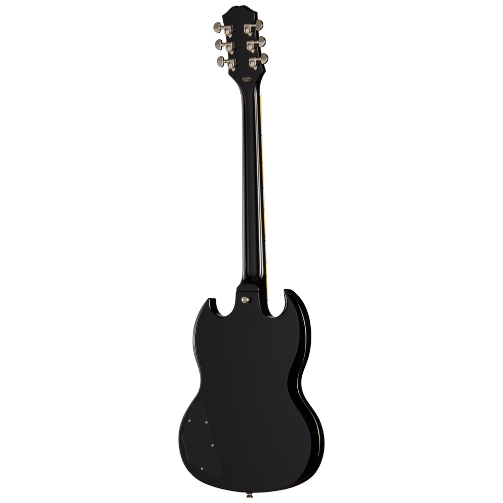 Epiphone SG Standard electric guitar in ebony finish with double-cutaway body and humbucker pickups, showcasing the iconic design.
