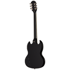 Epiphone SG Standard electric guitar in ebony finish with double-cutaway body and humbucker pickups, showcasing the iconic design.