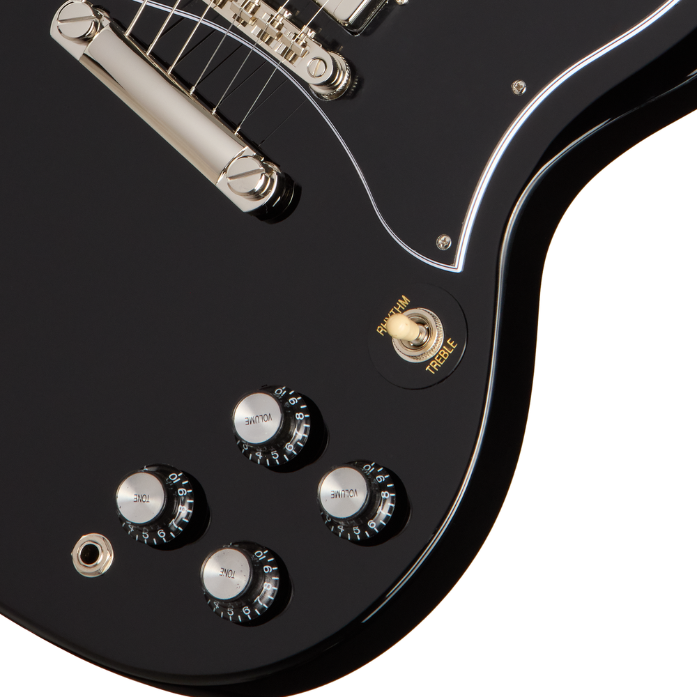 Epiphone SG Standard electric guitar in ebony finish, featuring a sleek body, double-cutaway design, and chrome hardware.