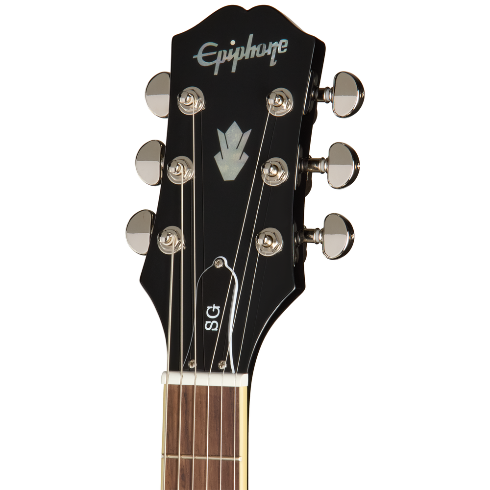 Epiphone SG Standard electric guitar in ebony finish, featuring double-cutaway body and chrome hardware.