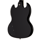 Epiphone SG Standard electric guitar in ebony finish, showcasing its sleek body, double-cut design, and chrome hardware.
