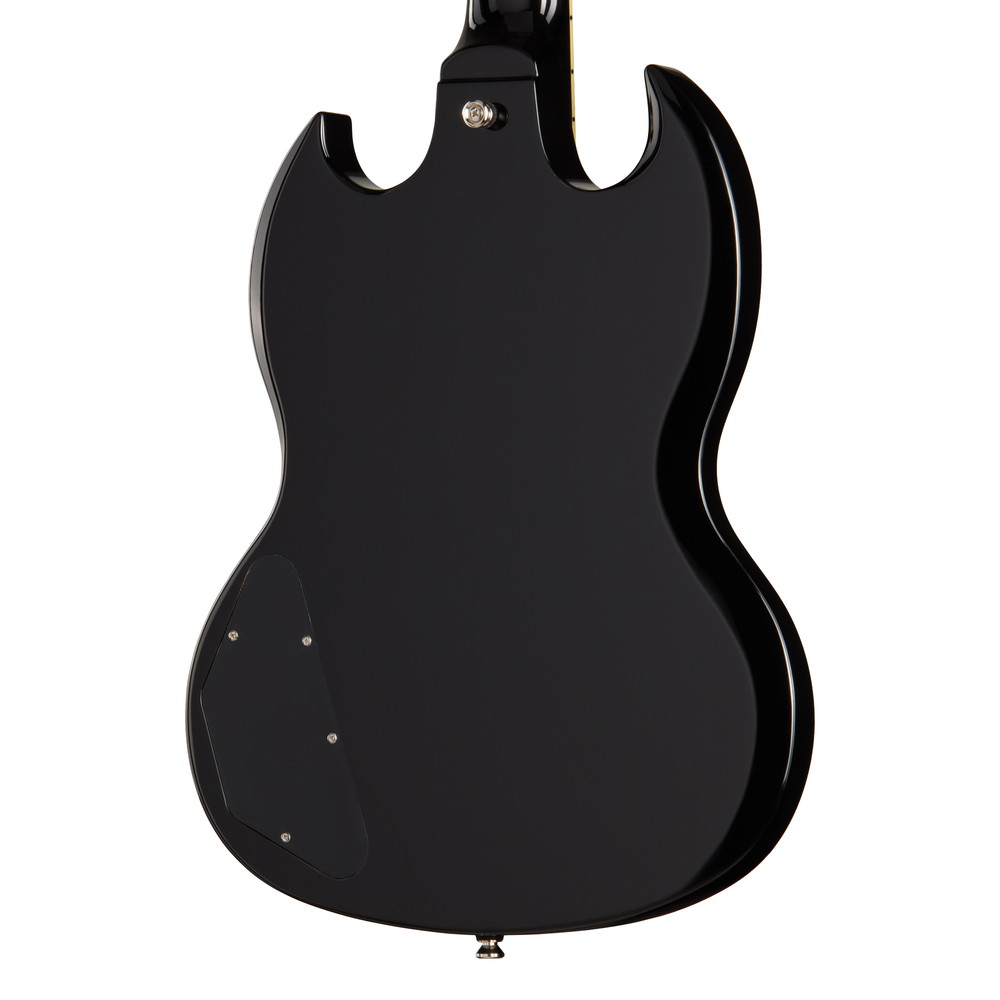 Epiphone SG Standard electric guitar in ebony finish, showcasing its sleek body, double-cut design, and chrome hardware.