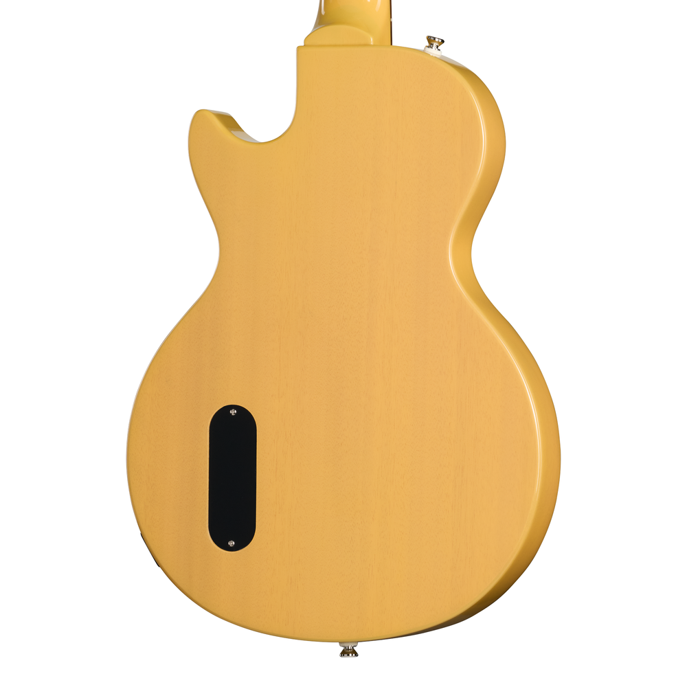 Epiphone Les Paul Junior electric guitar in TV yellow, showcasing the solid body, single cutaway, and vintage-style pickups.