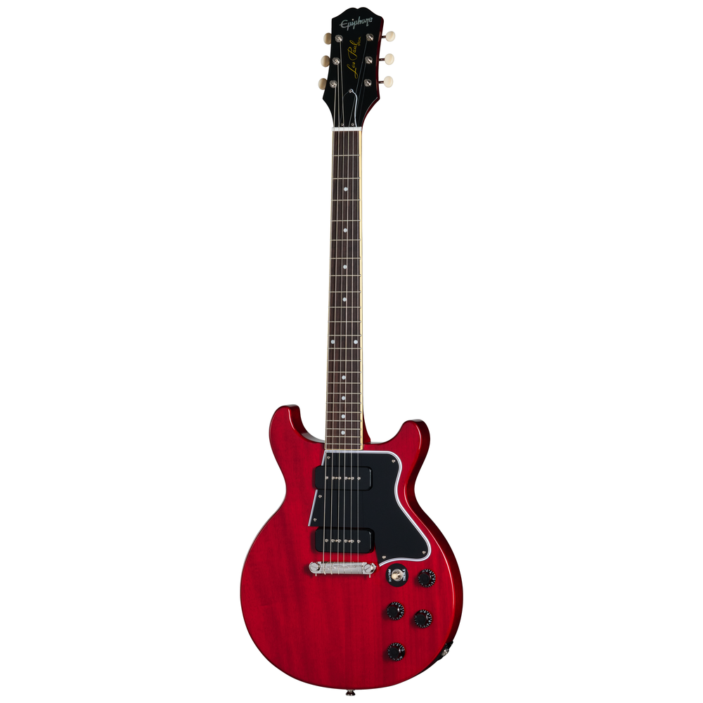 Electric guitar by EPIPHONE, Les Paul Special Double Cut model in cherry red with dual humbucker pickups and chrome hardware.