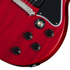 Epiphone Les Paul Special Double Cut electric guitar in cherry red with chrome hardware and dual humbucker pickups.