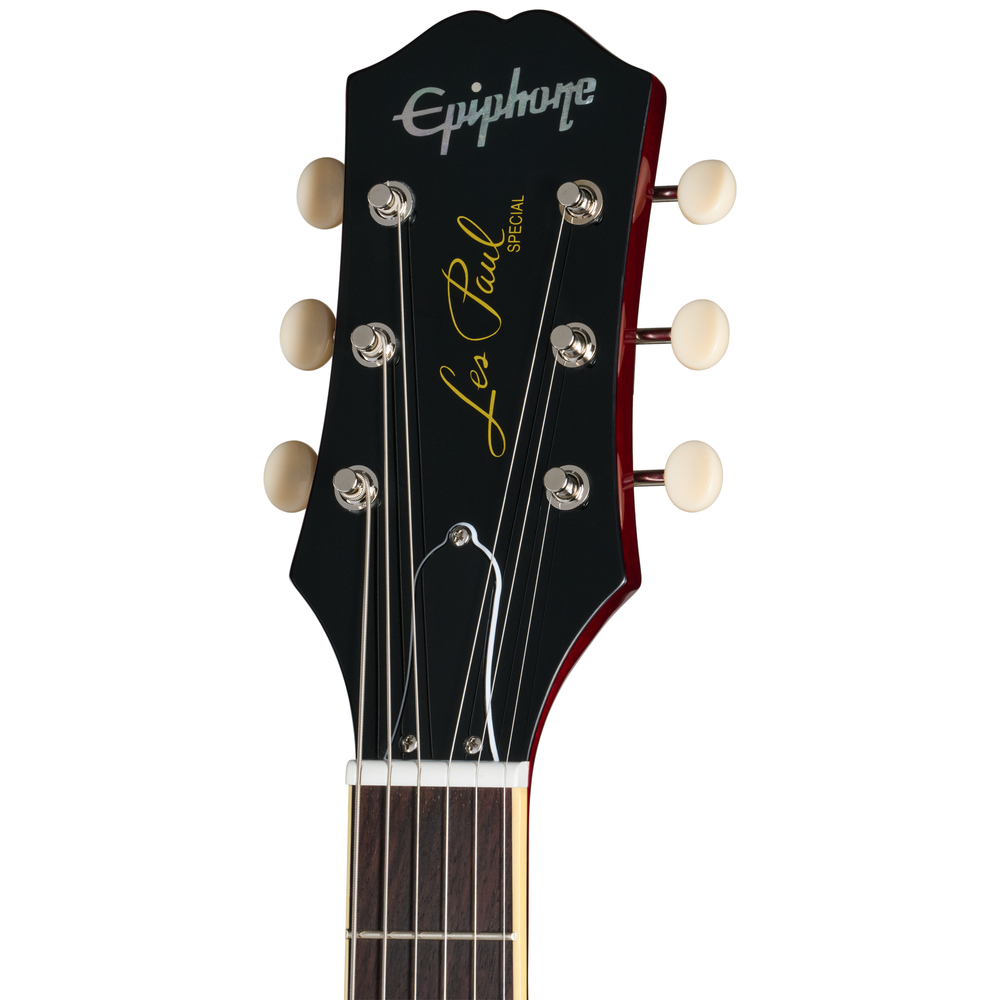 Epiphone Les Paul Special Double Cut electric guitar in cherry red with chrome hardware and dual humbucker pickups.