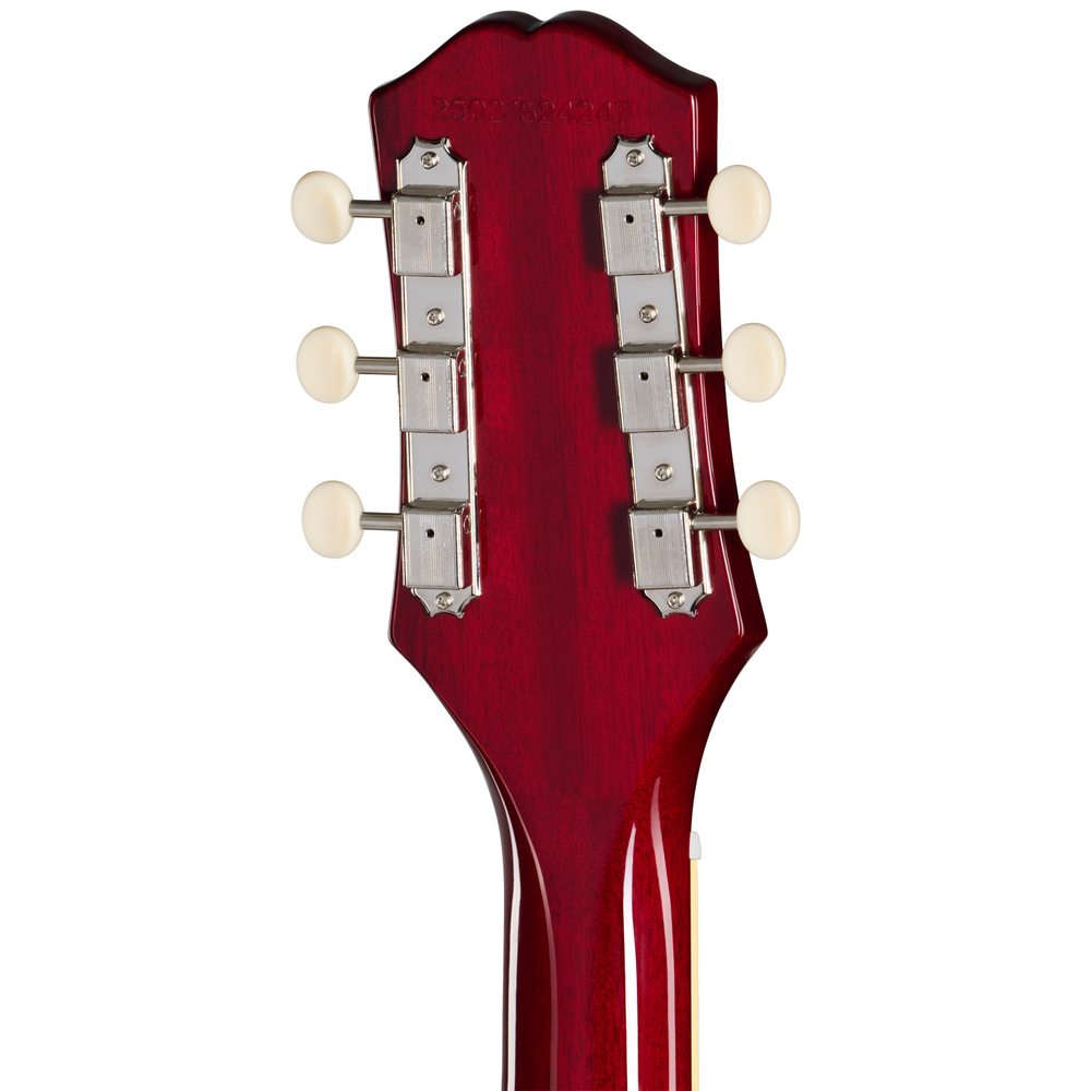 Epiphone Les Paul Special Double Cut electric guitar in cherry red with chrome hardware and dual humbucker pickups.