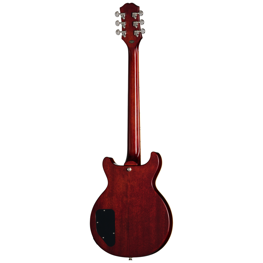 Epiphone Les Paul Special Double Cut electric guitar in figured bourbon burst finish, showcasing its solid body and classic design.