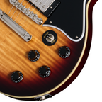 Epiphone Les Paul Special Double Cut electric guitar in figured bourbon burst finish, showcasing its body and hardware details.