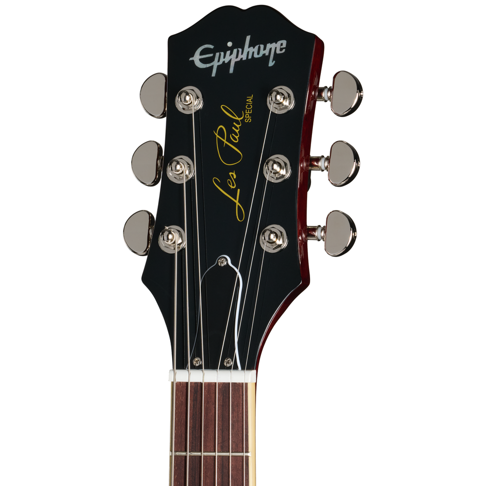 Epiphone Les Paul Special Double Cut electric guitar in figured bourbon burst finish with chrome hardware and maple neck.