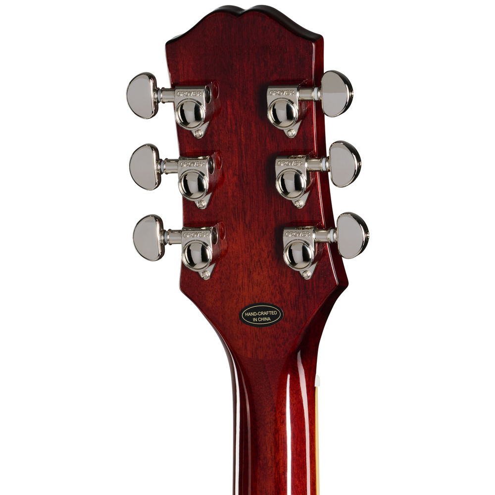 Epiphone Les Paul Special Double Cut electric guitar in figured bourbon burst finish, showcasing its solid body and double-cut design.