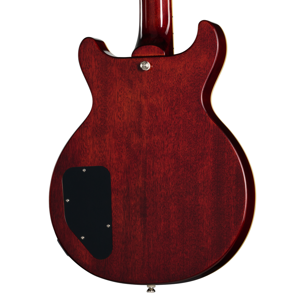 Epiphone Les Paul Special Double Cut electric guitar with figured bourbon finish, showcasing its solid body and dual humbucker pickups.