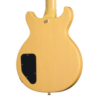 Epiphone Les Paul Special Double Cut electric guitar in TV Yellow with humbucker pickups and maple neck, displayed on a stand.