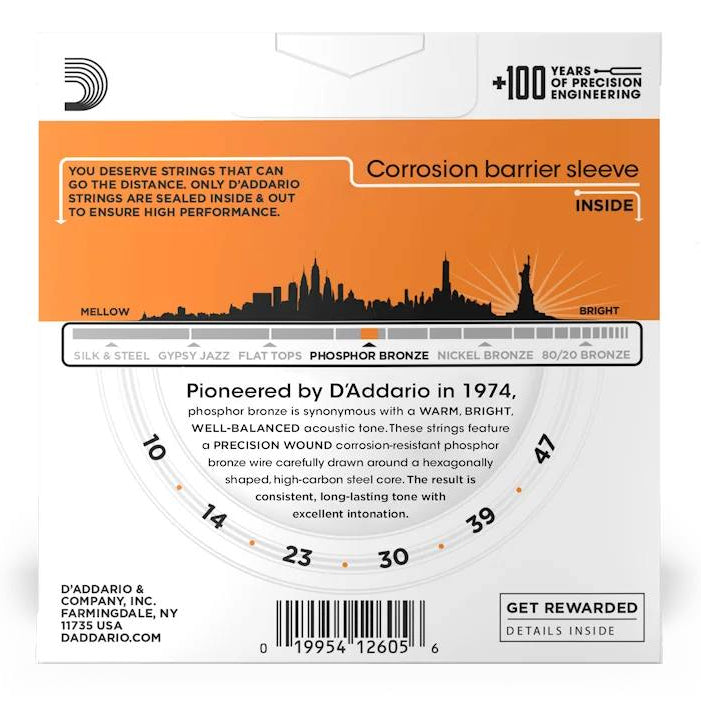 D'Addario EJ15 acoustic guitar strings 10-47 PB extra light 3-pack, showing three sets of strings with packaging and branding.