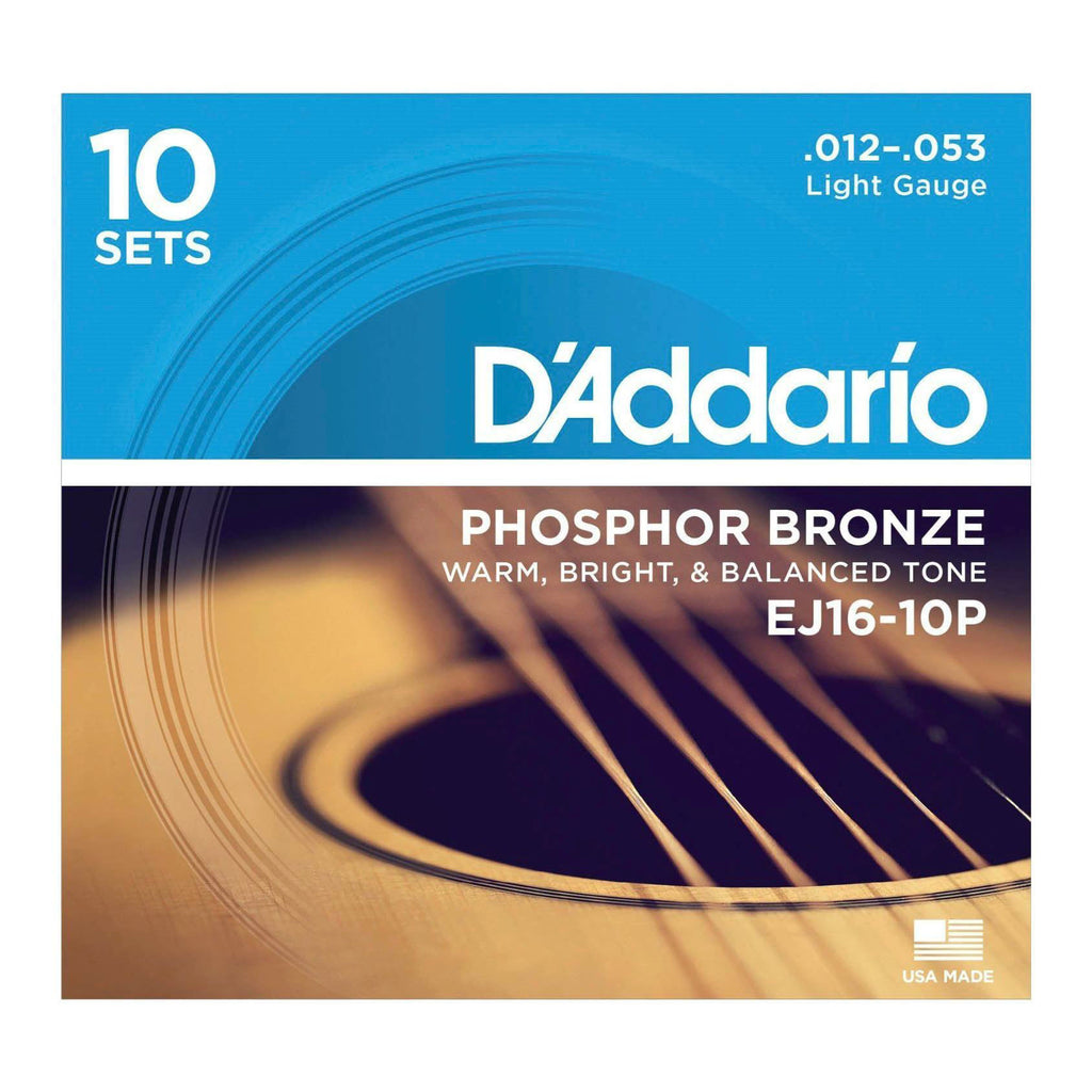 D'Addario EJ16 Phosphor Bronze acoustic guitar strings 10-pack, light gauge 12-53, shown on a guitar