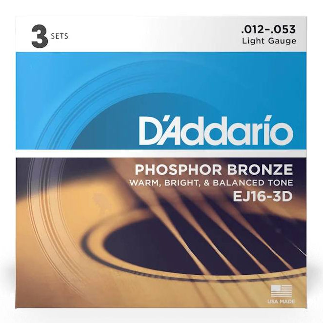 D'Addario EJ16 acoustic guitar strings 3-pack, light gauge 12-53, designed for rich tone and durability on acoustic guitars.